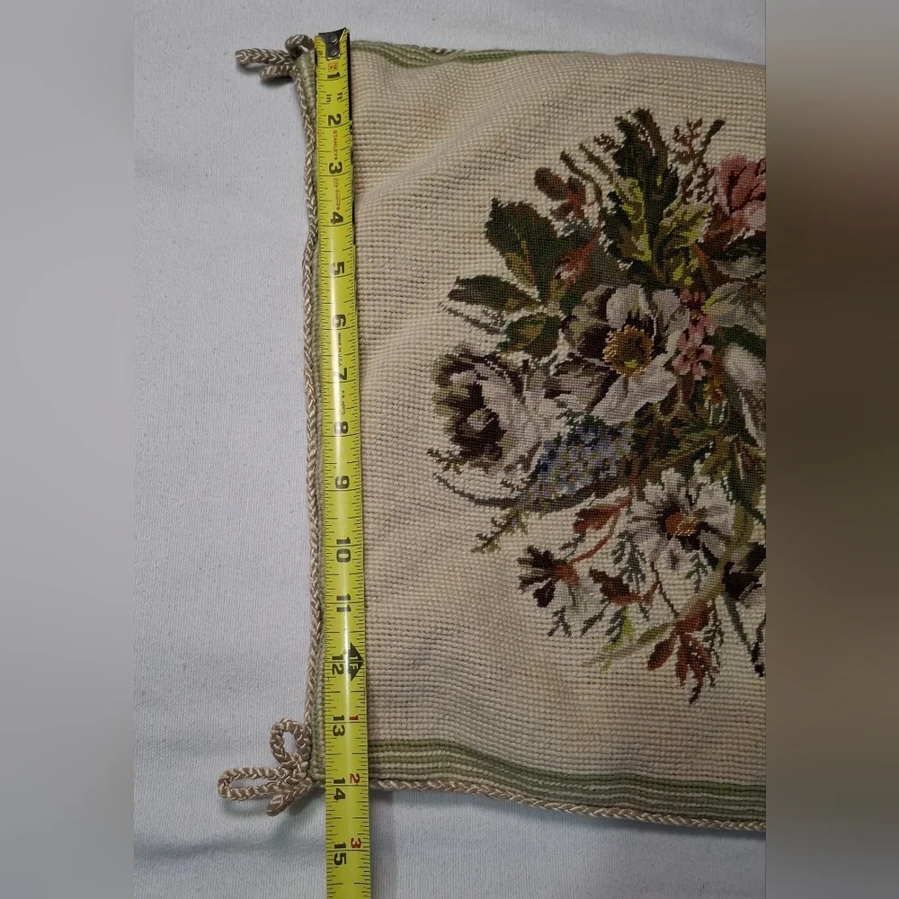 Vintage French Country Hand Stitched Floral Petit Point Wool Cotton Pillow Cover